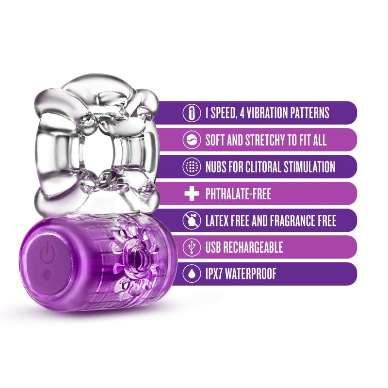 The Play With Me Pleaser Rechargeable C-Ring in purple is a transparent, stretchy vibrating cock ring featuring 1 speed, 4 powerful vibration patterns, soft fit clitoral nubs, and is phthalate-free. Its USB rechargeable, latex and fragrance-free, and IPX7 waterproof for added convenience.