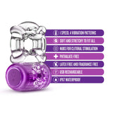 The Play With Me Pleaser Rechargeable C-Ring in purple is a transparent, stretchy vibrating cock ring featuring 1 speed, 4 powerful vibration patterns, soft fit clitoral nubs, and is phthalate-free. Its USB rechargeable, latex and fragrance-free, and IPX7 waterproof for added convenience.