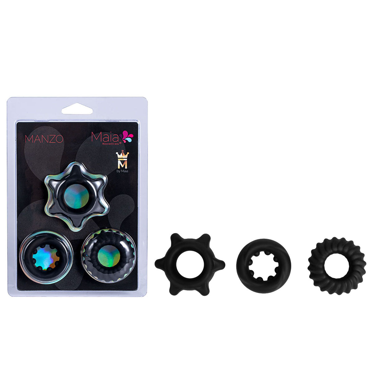 The Maia MANZO - Black Silicone Cock Rings - Set of 3 includes three metallic rings with rounded, gear-like edges and three stretchy black silicone rings with varied textures; two feature star-like interiors, and one has a corrugated exterior.