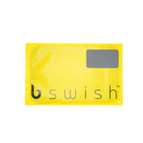 The B Swish After Sex Towel comes in a yellow rectangular pouch with bswish in gray lowercase letters on the front. It features a small gray rectangle in the upper right corner and has a tiny hole near the bottom right corner. Made from absorbent microfiber, its design is simple and modern.