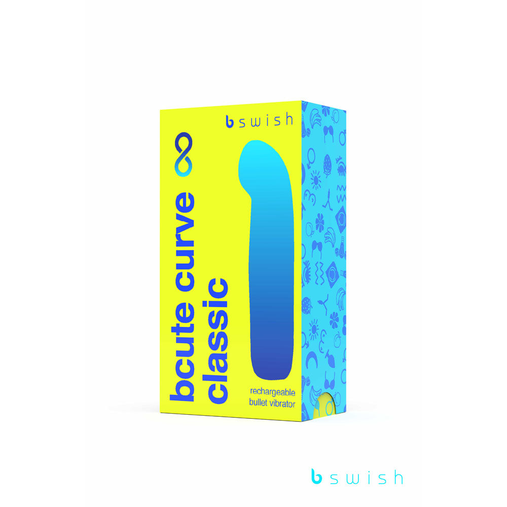 The Bcute Curve Infinite Classic Citrus Yellow USB rechargeable vibrator comes in yellow and turquoise packaging, crafted from body-safe silicone. The box features the products silhouette and symbols like lightning bolts and hearts, with the bswish logo on both the top and bottom.