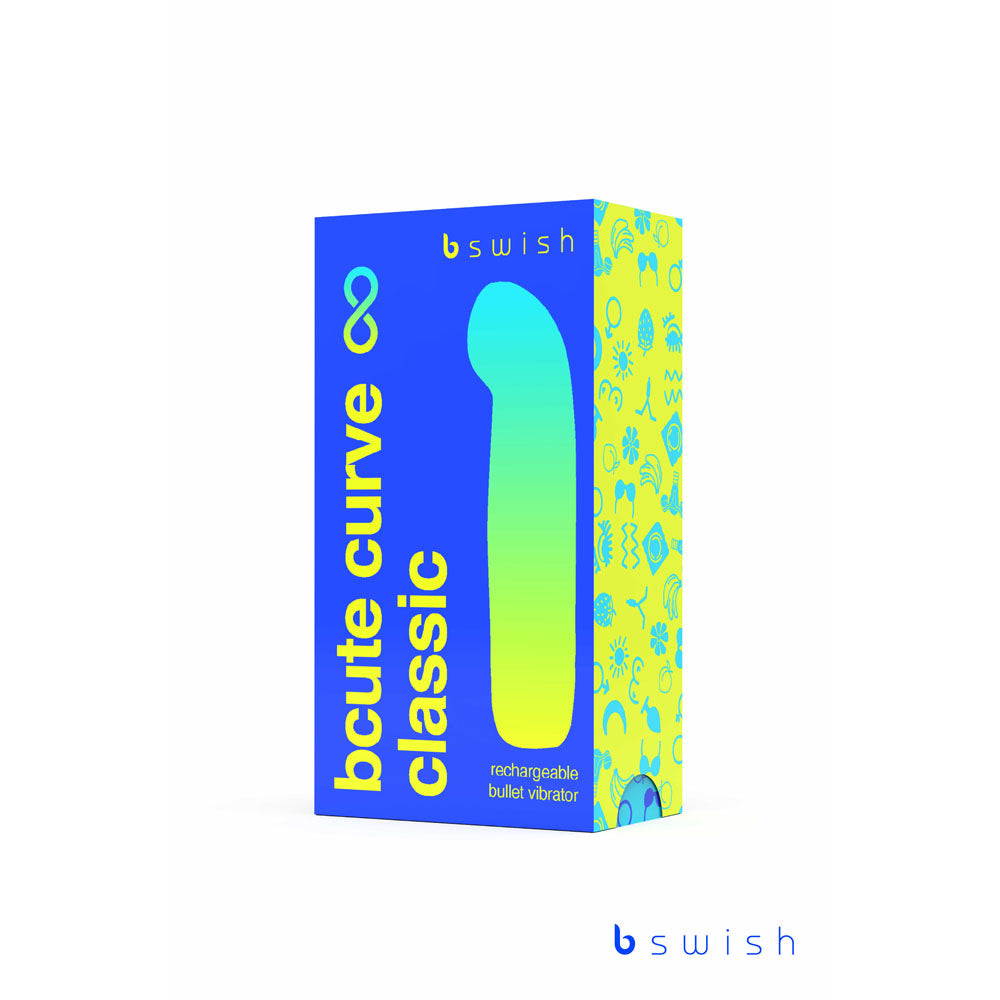 The image showcases the packaging of a Bcute Curve Infinite Classic USB Rechargeable Vibrator in Electric Blue. The box features a blue and green gradient with floral and abstract patterns, highlighting the product name and silhouette of this G-spot clitoris stimulator.