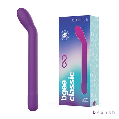 A purple Bgee Infinite Classic vibrator with a curved tip is displayed with its box, featuring a blue and teal gradient design and G-spot vibrator text. The waterproof vibrator, 18 cm long and USB rechargeable, showcases the bswish brand at the top.