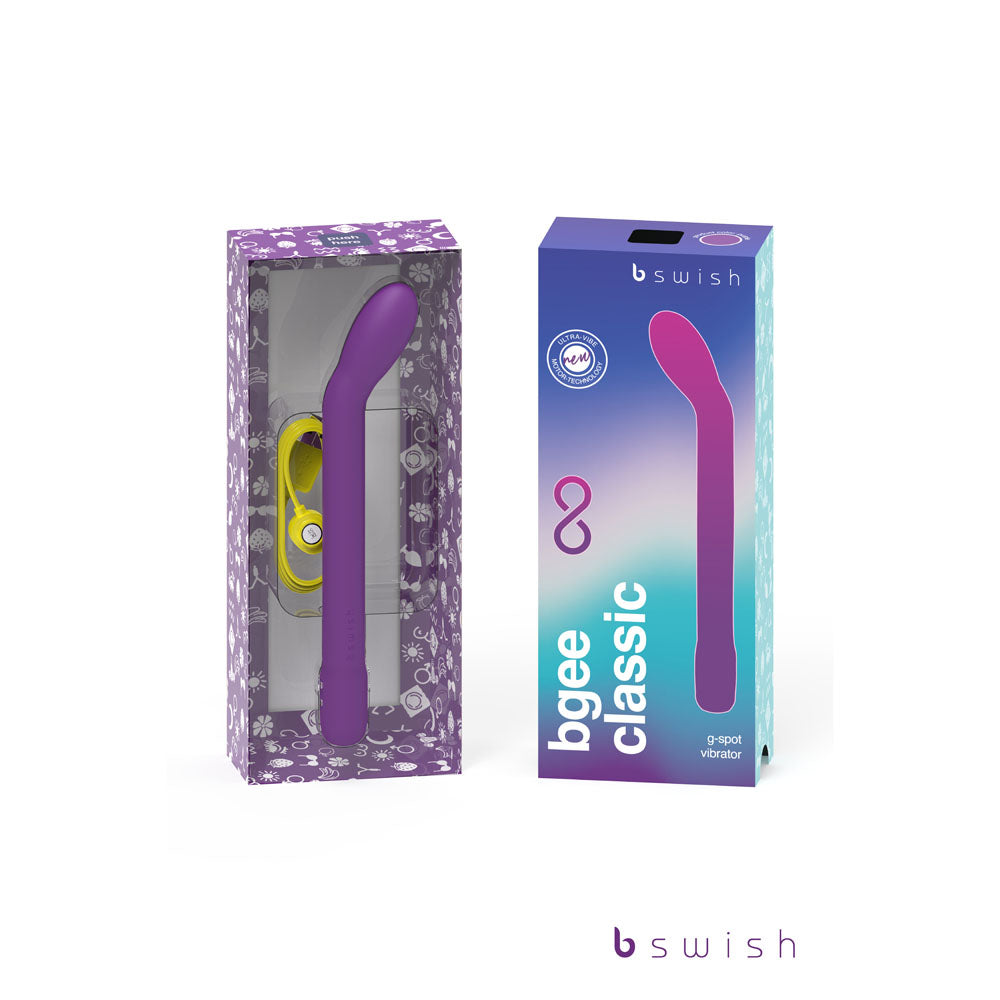 The image features the Bgee Infinite Classic Purple 18 cm USB Rechargeable Vibrator, shown in clear wrapping on the left and alongside a blue and purple branded box on the right. The Bswish logo appears on this waterproof products decorative packaging.