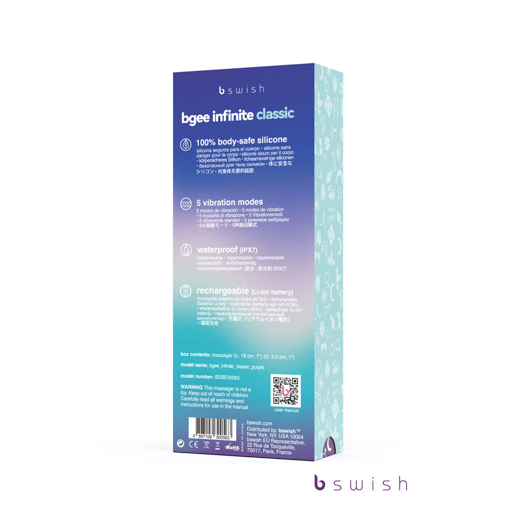 The image shows the packaging of the Bgee Infinite Classic - Purple, an 18 cm USB rechargeable G-spot vibrator by B Swish. It features a purple-to-teal gradient, body-safe silicone, five vibration modes, and a waterproof design. Logos, a QR code, and contact info are at the bottom.