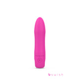 The Bcute Infinite Heat Classic Sunset Pink is a 10 cm bullet-shaped vibrator with a sleek, glossy silicone finish and USB rechargeability. It features waterproof versatility, a circular button at the base with bswish branding, all set against a white backdrop with subtle shadowing.