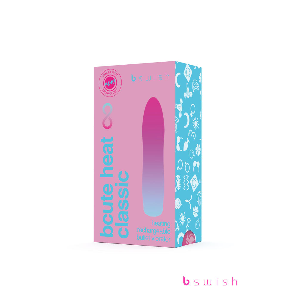 The image shows a product box for the Bcute Infinite Heat Classic Sunset Pink vibrator, featuring waterproof and USB rechargeable details. The packaging displays the brand logo and delicate white patterns on the blue section.