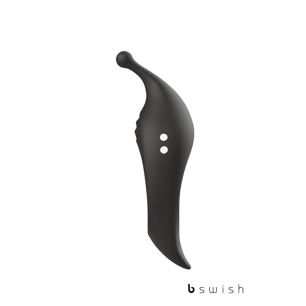 The sleek black BCharmed Rhythm Infinite Deluxe is a silicone massager with an ergonomic curve and pointed tip. Two circular buttons on the shaft control its 15 vibration modes, while the bswish brand stands out prominently in white.