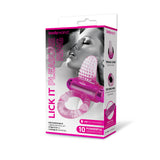 The Bodywand Rechargeable Lick It Pleasure Ring features a pink textured stimulator and tongue teaser, USB recharging, 10 vibration modes, and flexible material. The box showcases a couple in an intimate embrace.