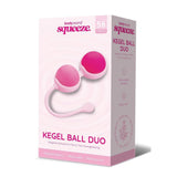 The Bodywand Squeeze Kegel Ball Duo package features pink kegel balls with a pull string. Labels highlight 56 grams, Weighted Spheres for Pelvic Floor Strengthening, and Removable Weights. Enjoy its body-safe, hypoallergenic, waterproof design.