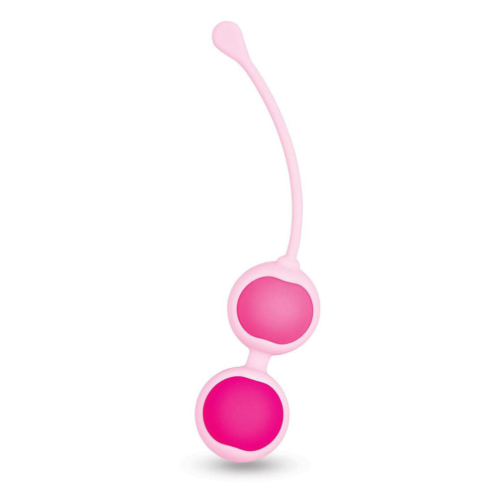 Introducing the Bodywand Squeeze Kegel Ball Duo: pink weighted balls connected by a light pink silicone string. With their smooth surface and a loop for easy removal, theyre ideal for effective pelvic floor exercises.