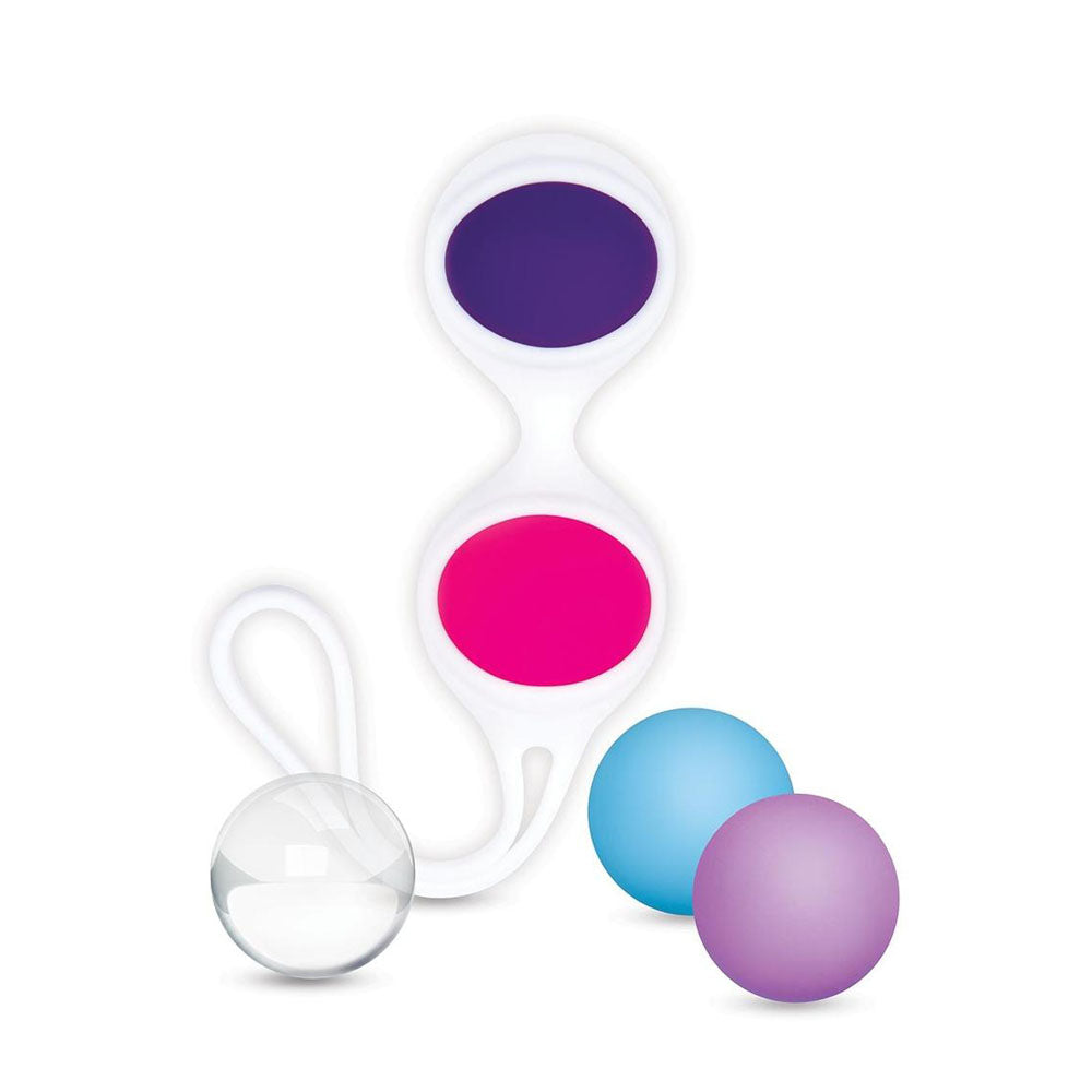 The Bodywand Squeeze Mix & Match Kegel Set is a colorful set designed for intimate wellness, featuring kegel balls to strengthen pelvic muscles. Two balls connect with a white silicone holder with a loop handle, while three loose balls—clear, blue, and lavender—complete the modern design.