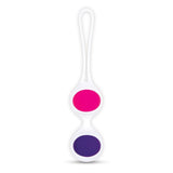 Discover the Bodywand Squeeze Mix & Match Kegel Set for intimate wellness: a stylish device to strengthen pelvic floor muscles, featuring pink and purple weights in a white silicone holder with a looped handle, elegantly displayed against a white backdrop.