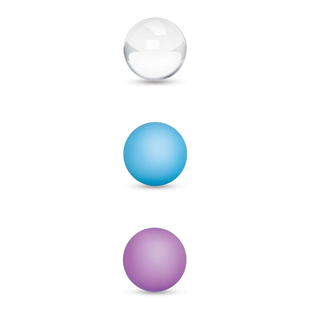 The Bodywand Squeeze Mix & Match Kegel Set features three vertically arranged, body-safe spheres on a white background: a transparent sphere, a solid light blue sphere, and a solid purple sphere, all evenly spaced.