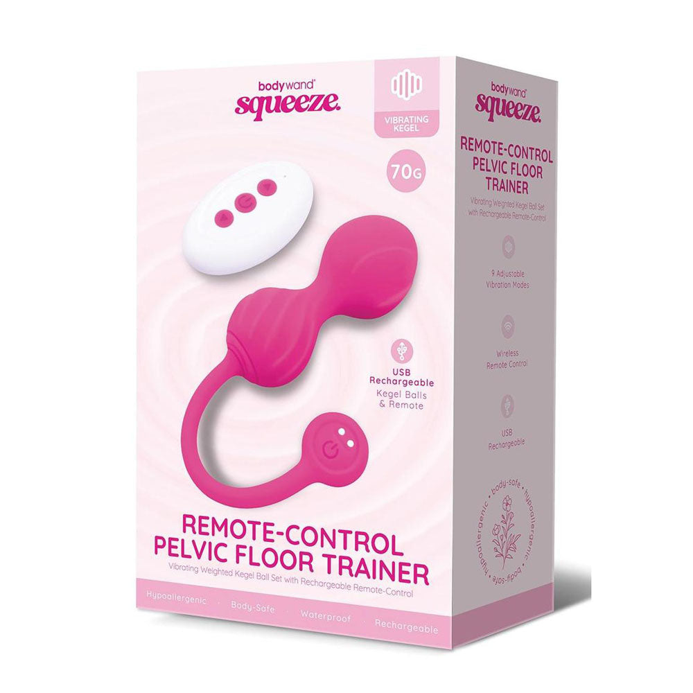 The image features the packaging of the Bodywand Squeeze Remote-Control Pelvic Floor Trainer. The box highlights its pink USB rechargeable kegel balls with a remote, noting they are waterproof and made from body-safe materials.