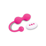 The Bodywand Squeeze Remote-Control Pelvic Floor Trainer features a pink, egg-shaped design with a flexible tail and round button. It includes a white, oval remote with three pink buttons. Made from body-safe materials, it emphasizes ergonomic shape and ease of control for internal use.