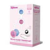 The Bodywand Squeeze Pelvic Floor Trainer Set comes in a sleek white and pink box with three blue and pink kegel balls. It highlights vibrating kegel, USB rechargeable, featuring multiple vibration modes, and ensures hypoallergenic, body-safe materials.