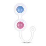 The Bodywand Squeeze Pelvic Floor Trainer Set features a pair of round Kegel balls, connected by a white silicone harness. The top ball is blue and the bottom is red, crafted from body-safe materials with a looped handle for easy removal.