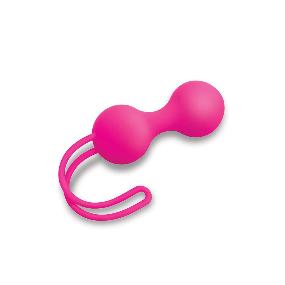 The Bodywand Squeeze Medium Kegel Duo in pink features double balls with a peanut-like silhouette, smooth matte silicone, and a flexible retrieval loop. Ideal for pelvic floor training, it weighs 50 grams.