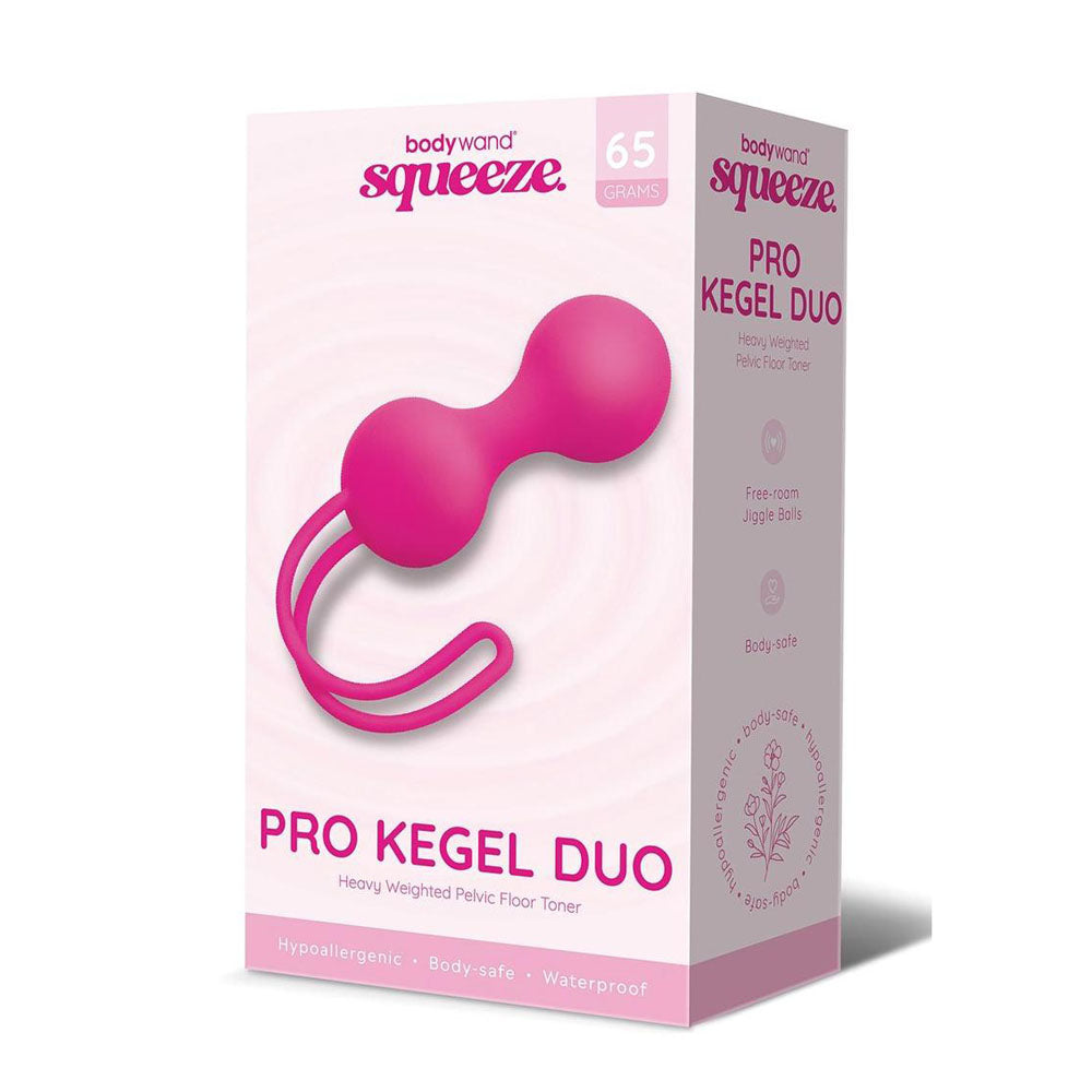 The Bodywand Squeeze Pro Kegel Duo box displays pink kegel balls with a strap, emphasizing intimate well-being. The packaging promotes features like 65 grams, hypoallergenic, body-safe, and waterproof.