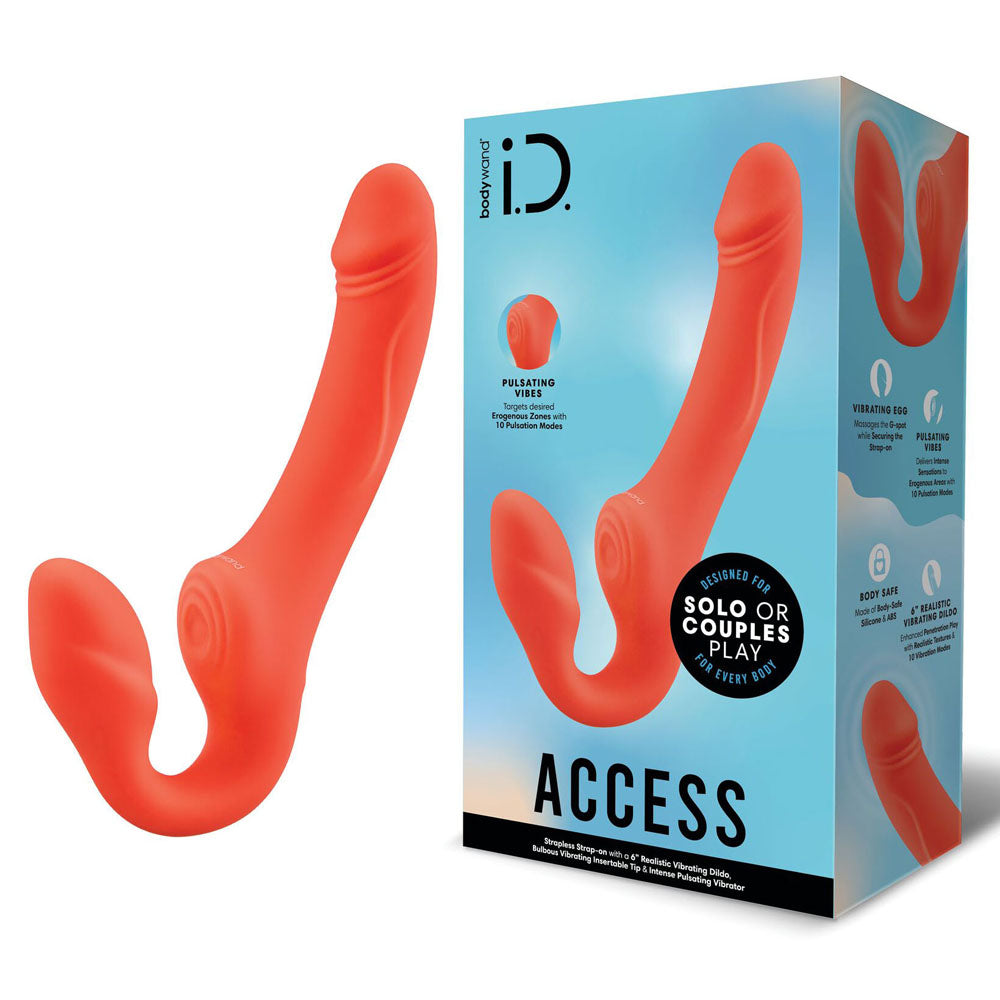 The orange Bodywand ID Access Strapless Strap-On, featuring a smooth, curved design with bulbous tips for varied pleasures, is elegantly displayed alongside its packaging. The box highlights features like pulsating and solo or couples play, set against a blue background with the brands logo.