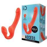 The orange Bodywand ID Access Strapless Strap-On, featuring a smooth, curved design with bulbous tips for varied pleasures, is elegantly displayed alongside its packaging. The box highlights features like pulsating and solo or couples play, set against a blue background with the brands logo.