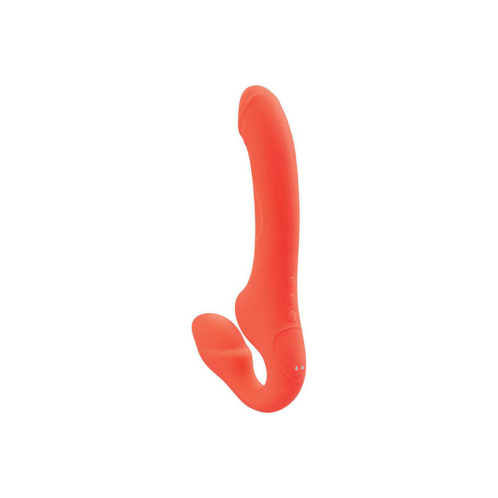 The orange Bodywand ID Access Strapless Strap-On, perfect for couples, features a curved shaft and smaller external stimulator. Its smooth texture and three-button base control highlight its ergonomic design against a plain white background.