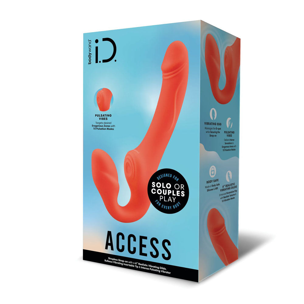 The packaging for the Bodywand ID Access Strapless Strap-On features a red, curved design with multiple attachments, pulsating vibes, and vibrating options. Ideal as a couples toy, the box includes iD. ACCESS in white and orange on a gradient blue background.