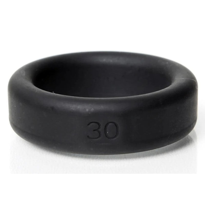 The Boneyard Silicone Ring 30mm - Black, a circular cock ring with the number 30 embossed on its side, is black with a smooth surface. It has 3x-stretch durability and is displayed on a flat white surface.