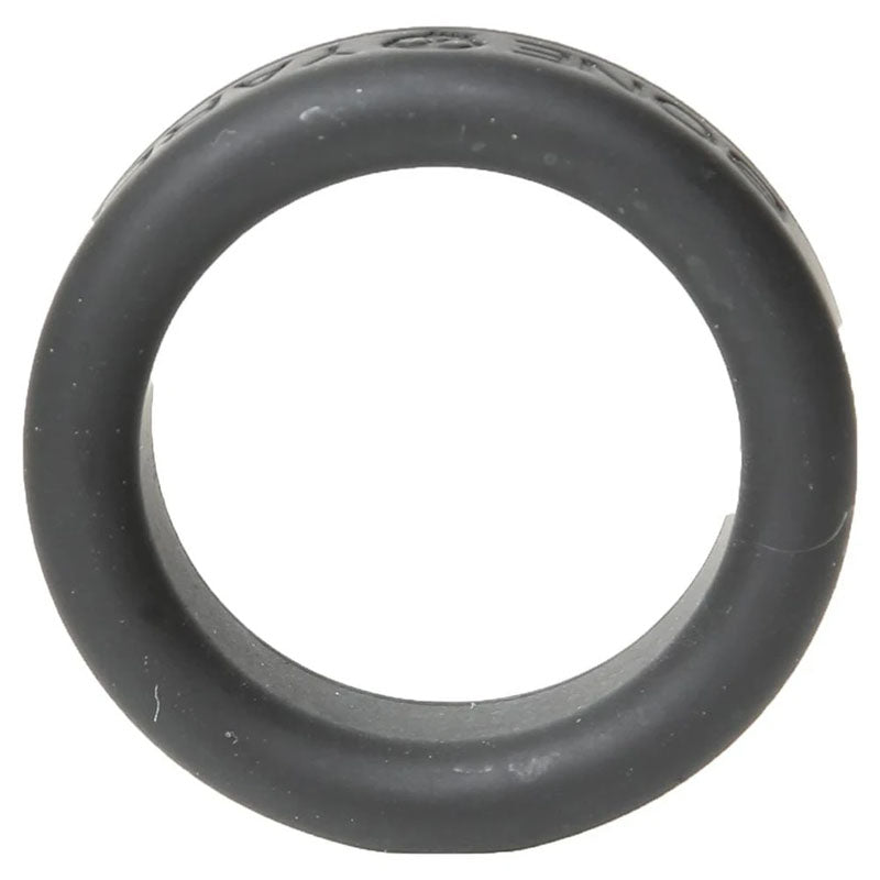 The Boneyard Silicone Ring 30mm - Black cock ring exhibits a circular design with smooth black silicone. Its inner and outer edges stand out against a plain white background, highlighting the simplicity and faintly embossed letters on the upper outer edge of this 3x-stretch marvel.