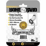 Introducing the Boneyard packaging with a bold black and white skeletal design. Perfect for man toys, it features Keeps You Hard Longer & Stronger, a No Roll Comfort Fit, 100% silicone rings with 3x stretch, and includes a Satisfaction Guaranteed badge and care instructions.