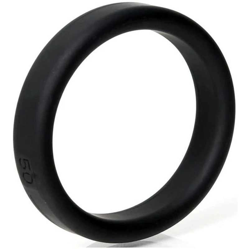 The Boneyard Silicone Ring 50mm - Black Cock Ring features a sleek black matte finish and is showcased on a white background. As part of our exclusive collection, it has 50 imprinted subtly on its side and offers comfort with its 3x-stretch, rounded, seamless design.