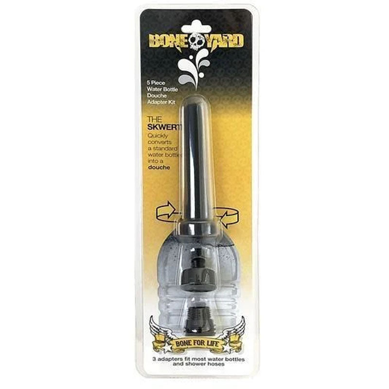 The Boneyard The Skwert 5 Piece Water Bottle Douche Adapter Kit includes a clear silicone nozzle adapter that converts water bottles into effective douches. The blister pack displays branding with splashing water imagery, ideal for portable cleanliness.