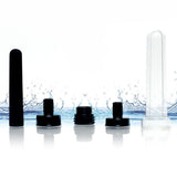 The Boneyard The Skwert - 5 Piece Water Bottle Douche Adapter Kit features black and transparent components set against splashing water: a black cylindrical piece, three unique black connectors, and a clear lid. A silicone nozzle completes this dynamic, travel-friendly cleaning tool.