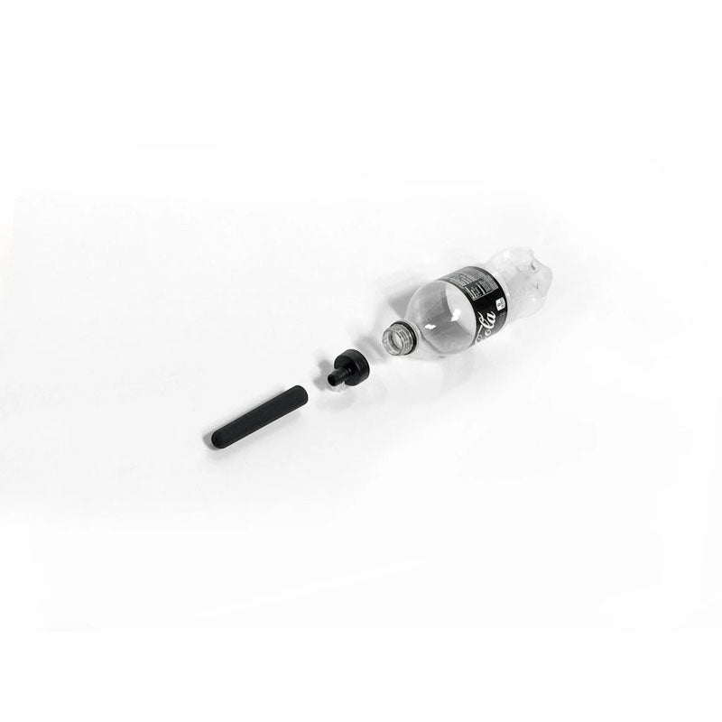 The Boneyard The Skwert - 5 Piece Water Bottle Douche Adapter Kit is shown on a clear plastic bottle against a white background with the cap off, revealing its silicone nozzle and cylindrical black filter as part of its innovative and convenient travel cleaning design.