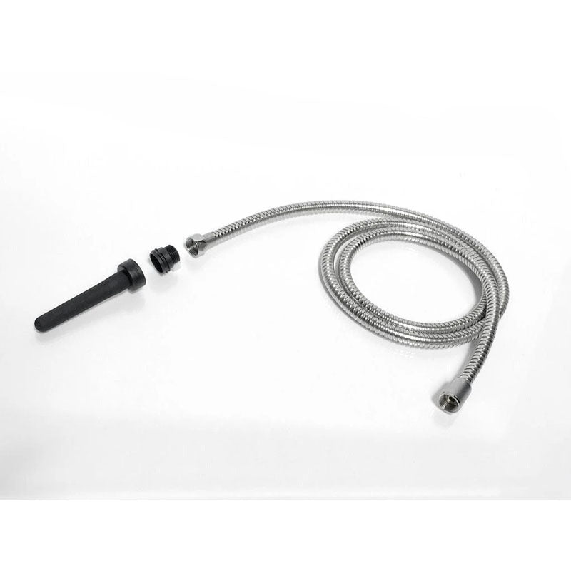 The Boneyard The Skwert - 5 Piece Water Bottle Douche Adapter Kit is shown on a white background featuring a flexible coiled silver hose with connectors, two black cylindrical attachments of varying sizes, and a silicone nozzle.