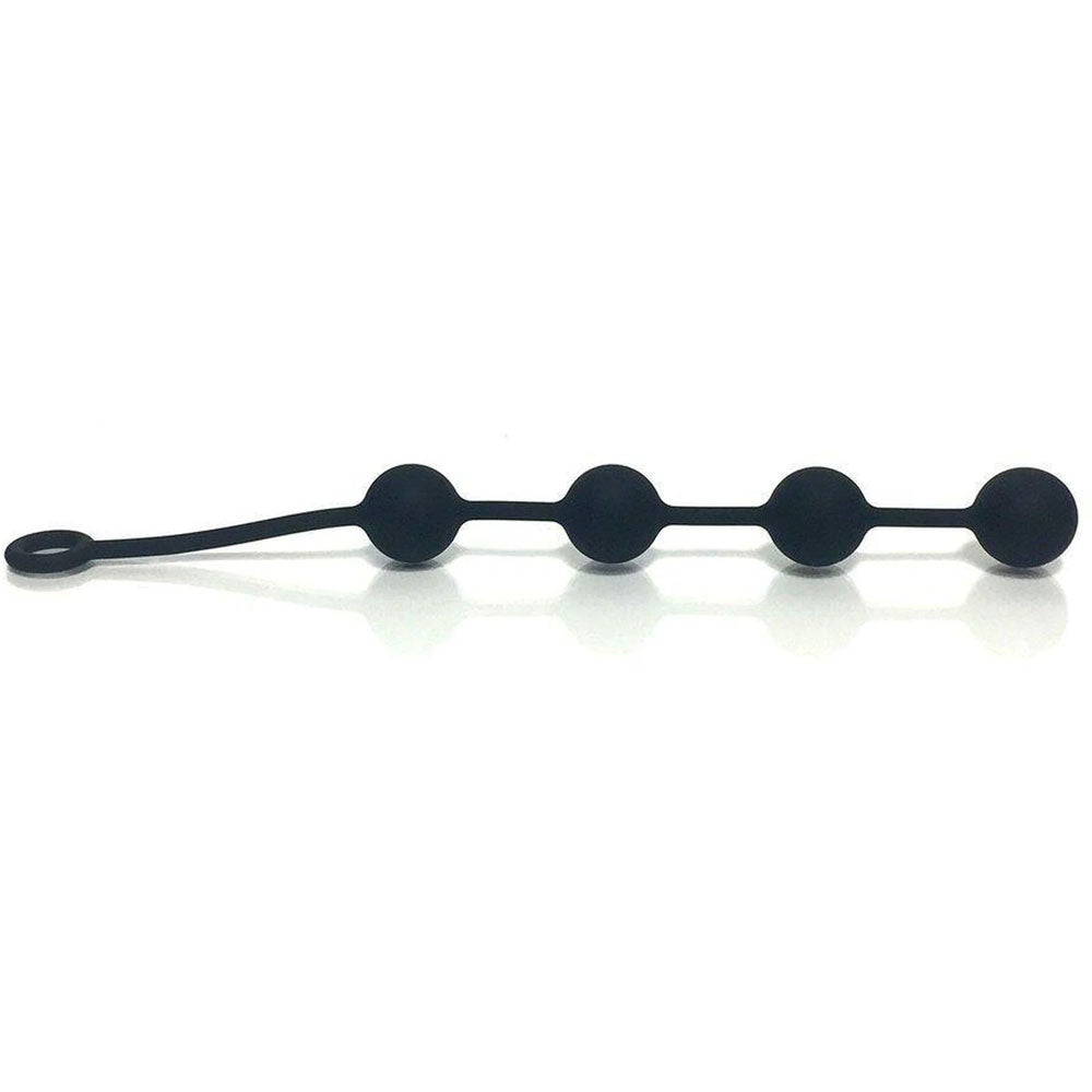 A series of black, spherical beads seamlessly connected form the Boneyard Ass Ballz M, a 40 cm medium anal balls set with a handle loop for grip. Crafted from hypoallergenic, soft-touch silicone with a smooth matte finish, the product is displayed against a clean white background.