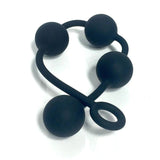 The Boneyard Ass Ballz M in black are crafted from hypoallergenic silicone and feature four smooth, uniformly sized beads connected in a flexible loop with a finger pull. Designed for exercises, their velvety material stands out against the white background.