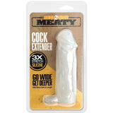 The Boneyard Meaty Cock Extender - Clear boasts a translucent, phallic design made from stretch silicone. Its packaging features bold black and white text on a brown background, highlighting 3X Stretch Silicone for added sensation and inviting users to Go Wide, Get Deeper with More Girth & Length.