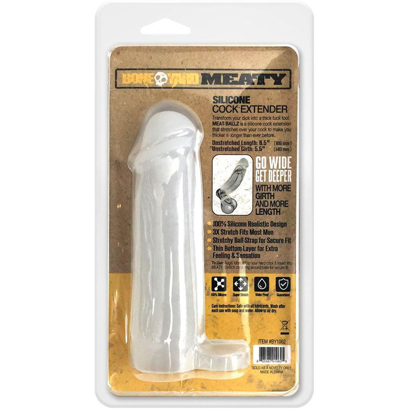 The Boneyard Meaty Cock Extender is a clear phallic sleeve with a Go Wide, Get Deeper design, measuring 5.5 in length. Made of 100% silicone for durability and sensation, it comes in packaging featuring icons and a barcode with a beige and black color scheme.