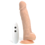 Introducing the Adam & Eve Adams True Feel Rechargeable Dildo, a lifelike 17.8 cm vibrating dong with a textured surface and veiny details. Its strong suction base ensures stability, while the sleek white wireless remote control allows for customizable experiences with intuitive H and W settings.