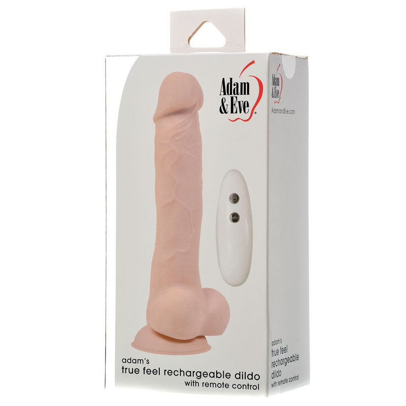 The packaging for Adam & Eves Adams True Feel Rechargeable Dildo - Flesh 17.8 cm features a flesh-toned dildo made from True Feel TPE and a white remote with two buttons, with the Adam & Eve logo prominently displayed.