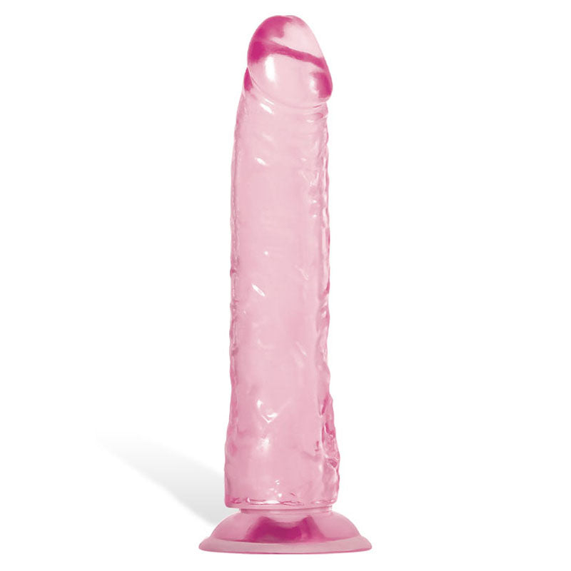 The Adam & Eve Pink Jelly Realistic Dildo offers a translucent pink design with veined texture, realistic shape, and pronounced head. Its flexible 21 cm shaft supports versatile use, while the smooth suction cup base ensures stability on flat surfaces.