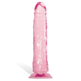 The Adam & Eve Pink Jelly Realistic Dildo features a pink, translucent phallic shape with a pronounced head and vein-like texture. It includes a flat base with a suction cup for hands-free use, while its flexible shaft and glossy surface enhance realism and reflect light elegantly.