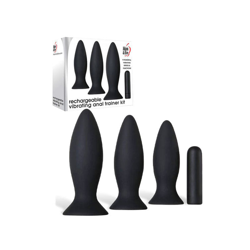 The Adam & Eve Rechargeable Vibrating Anal Trainer Kit features three silicone anal plugs of different sizes with flared bases and a USB rechargeable bullet-shaped device. The packaging highlights images and detailed product information.