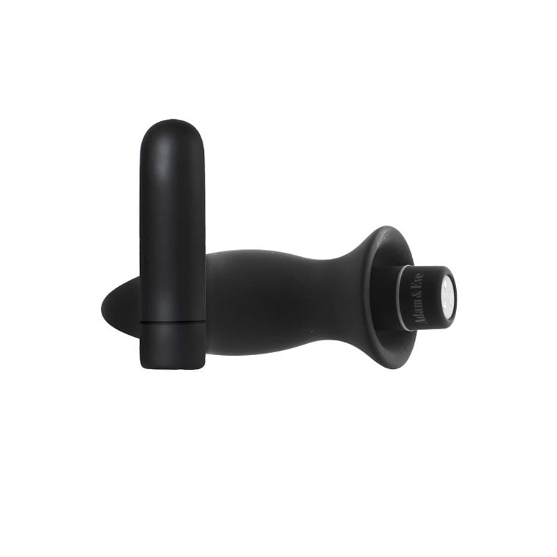 The Adam & Eve Rechargeable Vibrating Anal Trainer Kit features a smooth silicone anal plug with an ergonomic base and a tapered tip for easy insertion, ideal for anal training. It includes a detachable USB rechargeable bullet vibrator that enhances stimulation, all set against a plain white background.