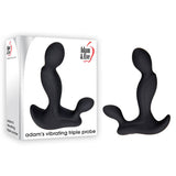 Boxed product with a black silicone probe, featuring smooth, curved shapes for personal use. Packaging reads Adam & Eve Adams Vibrating Triple Probe - Black USB Rechargeable Prostate Massager. Waterproof design offers ergonomic comfort with adjustable vibrating speeds and doubles as a prostate massager.