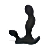 The Adam & Eve Adams Vibrating Triple Probe is a black, L-shaped silicone prostate massager featuring dual ends with a bulbous, upward-curving design. Its waterproof, USB rechargeable, and has a rounded base for stability with a matte finish for smooth exploration.