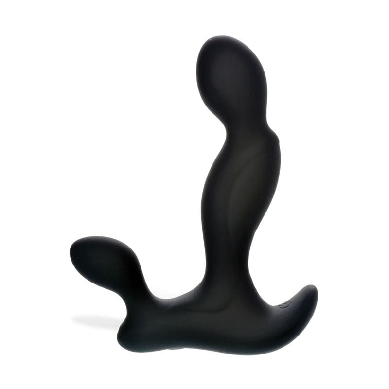 The Adam & Eve Adams Vibrating Triple Probe is a black USB rechargeable prostate massager with dual rounded ends for ergonomic pleasure. The larger end stands upright, while the smaller one extends from the base. This smooth, matte, waterproof toy is displayed against a crisp white background.