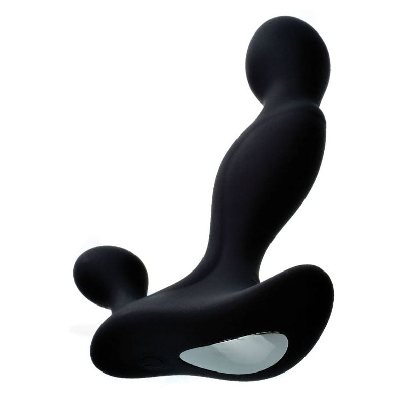 The Adam & Eve Adams Vibrating Triple Probe is a sleek, modern black prostate massager with adjustable vibrating speeds for customized pleasure. Its smooth, curved shape features a grip-friendly handle with a loop and a soft matte surface, complemented by a silver-accented control base.